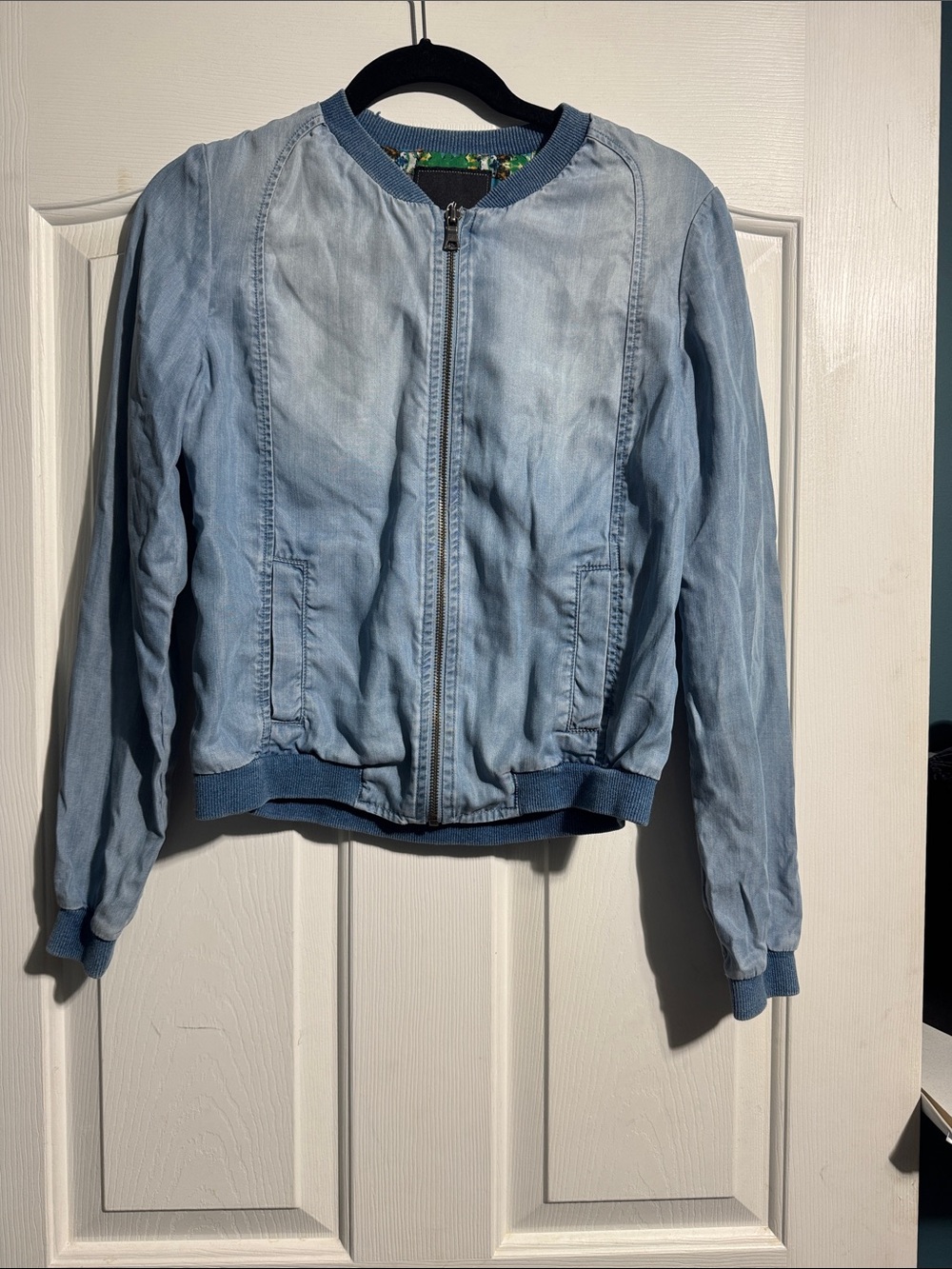 Sam Edelman Lyocell Tencel Bomber Jacket Blue Zip Front Women’s Med Quiet Luxury
